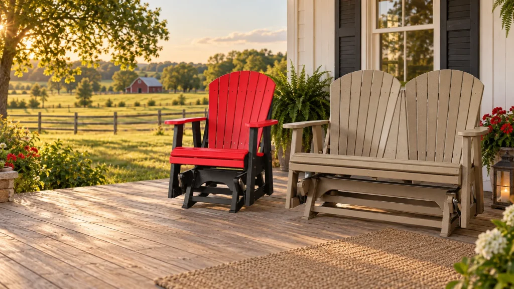 Weathered wood double glider and red-and-black Adirondack glider on a rural farmhouse porch.