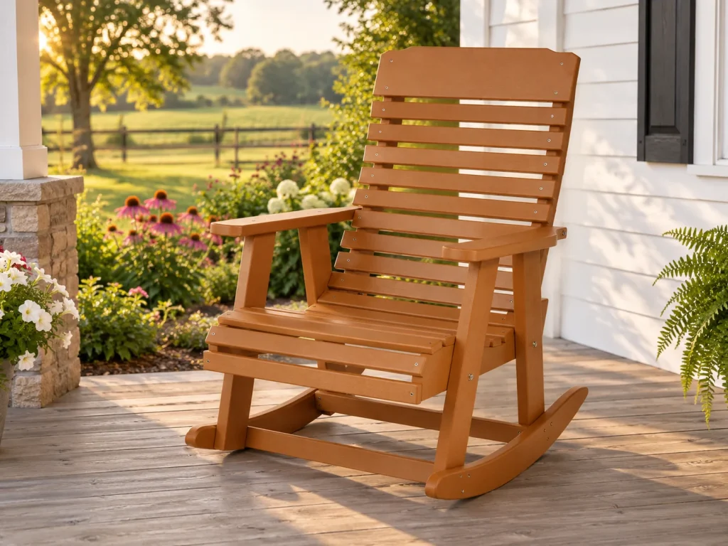 Cedar-colored Tiara Vista rocking chair beside a farmhouse garden.