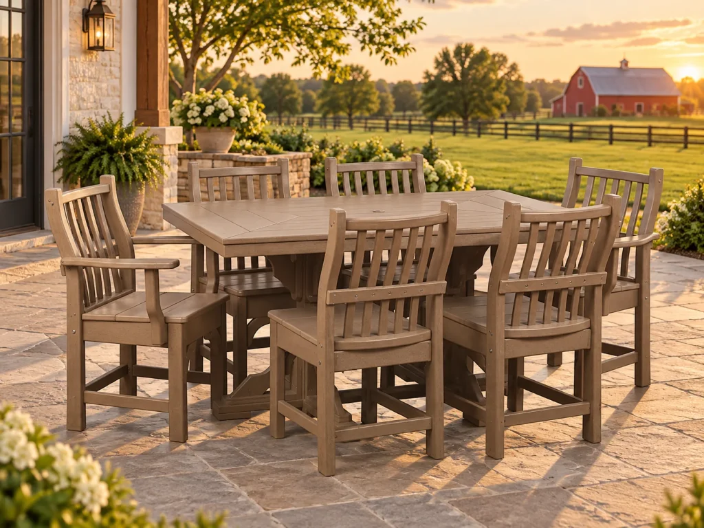 Weathered wood outdoor dining table with six chairs on a stone patio.