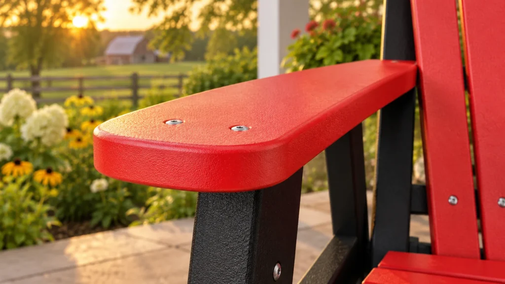 Close-up of a red poly furniture arm with stainless steel hardware.