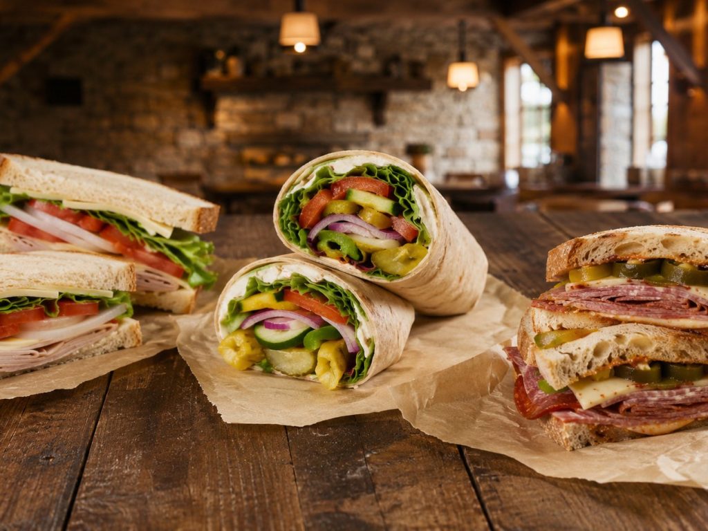 Club sandwich, veggie wrap and Italian salami sandwich on a wooden table