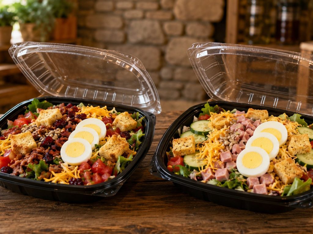 Two garden salads in open takeout containers with egg, cheddar, ham, cucumber and croutons