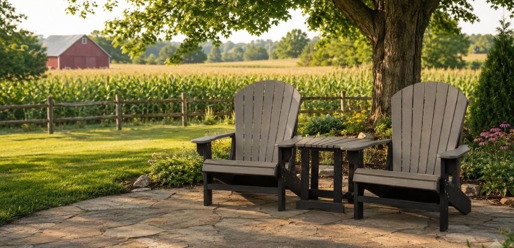Two poly Adirondack chairs and a side table on a stone patio overlooking a cornfield and red barn