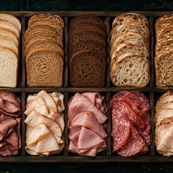 Tray of sliced breads, meats and cheeses