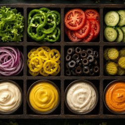 Tray of toppings, cheeses and sauces