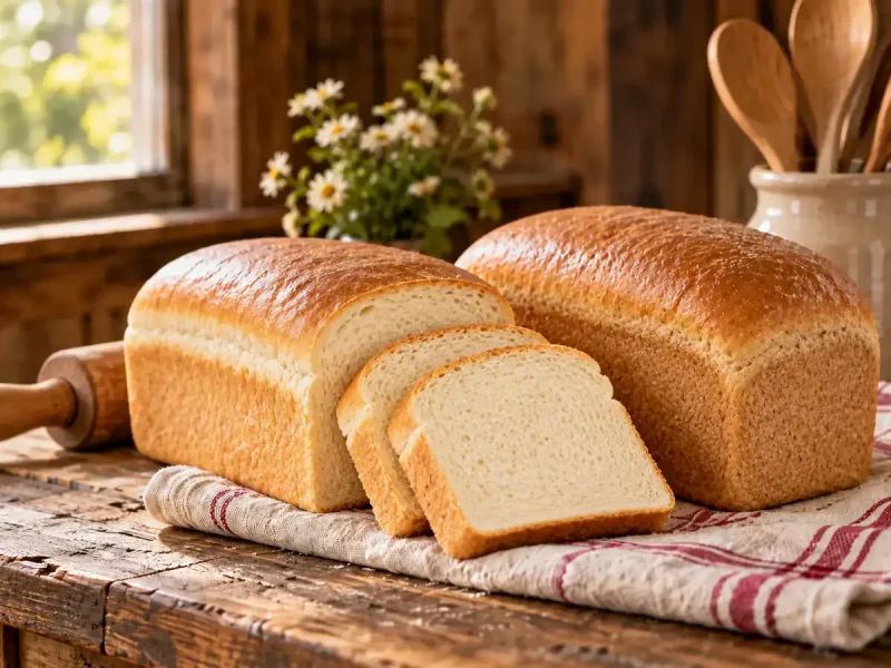Two homemade pan loaves, white and honey wheat, with thick cut slices on a farmhouse table