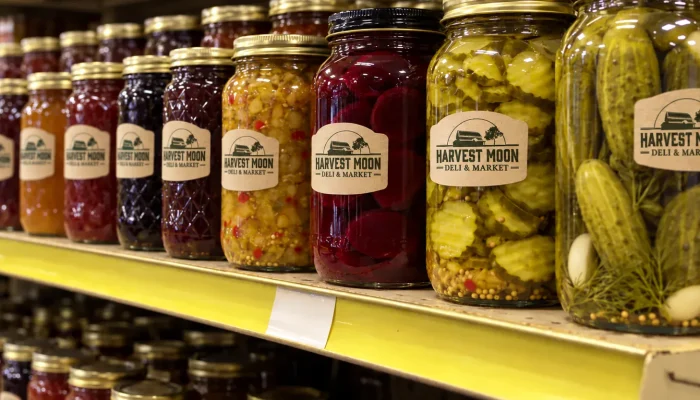Jars of Harvest Moon Deli & Market pickles, pickled beets, chow chow, jams and jellies on a store shelf